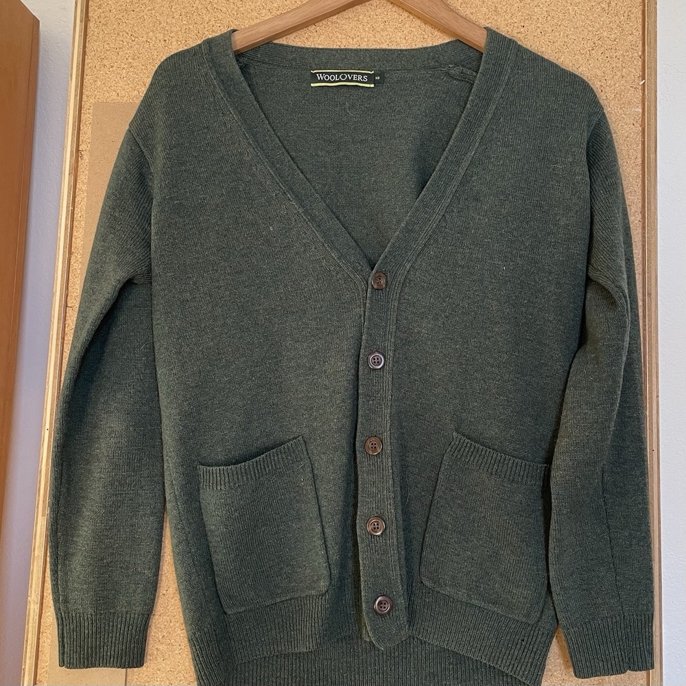Woolovers Green Cardigan Women XS 100% Wool Button Up‎ 3/4 Sleeve Grandmacore